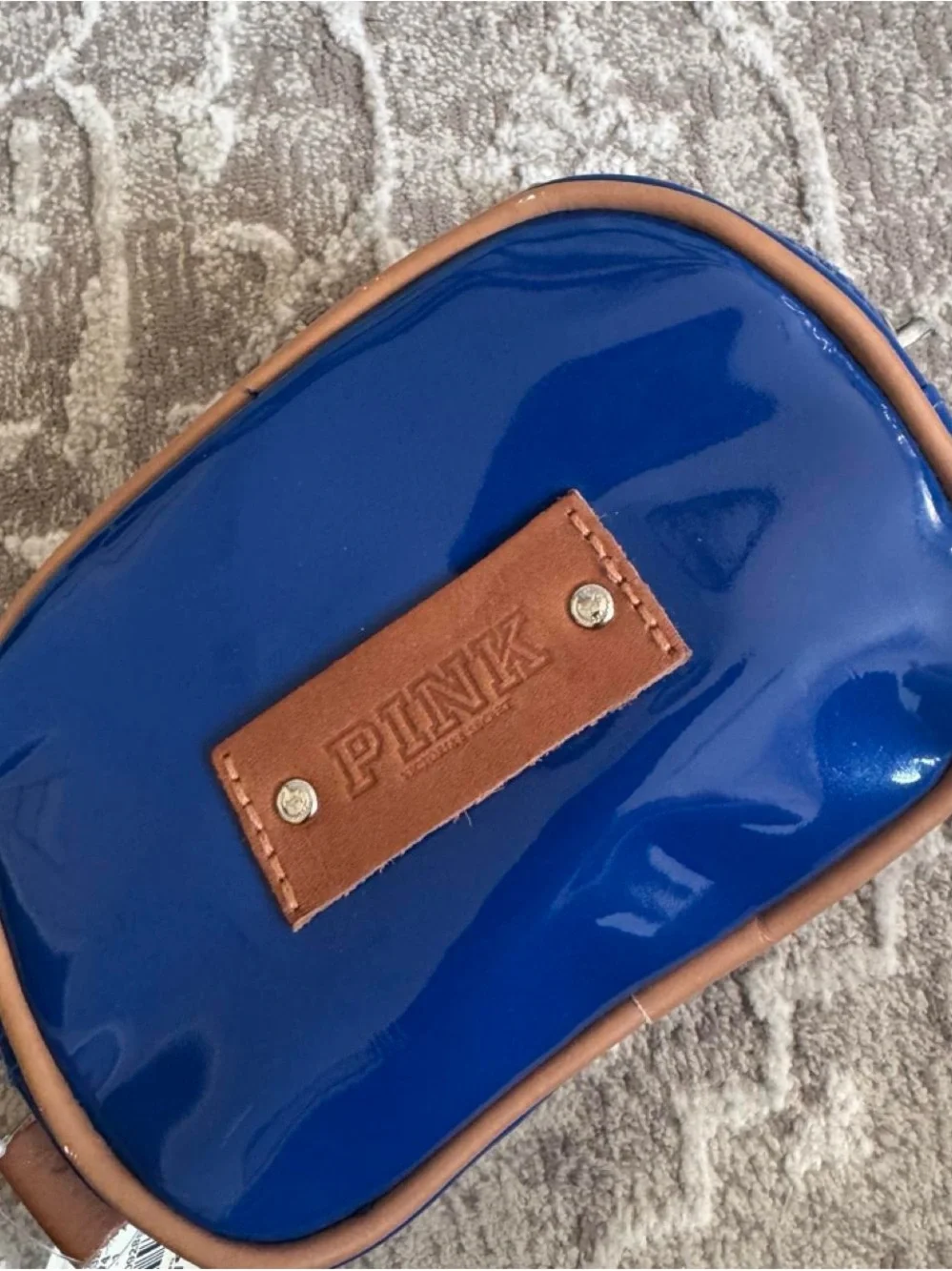 PINK Victoria's Secret Glossy Blue Travel Pouch with Tan Trim